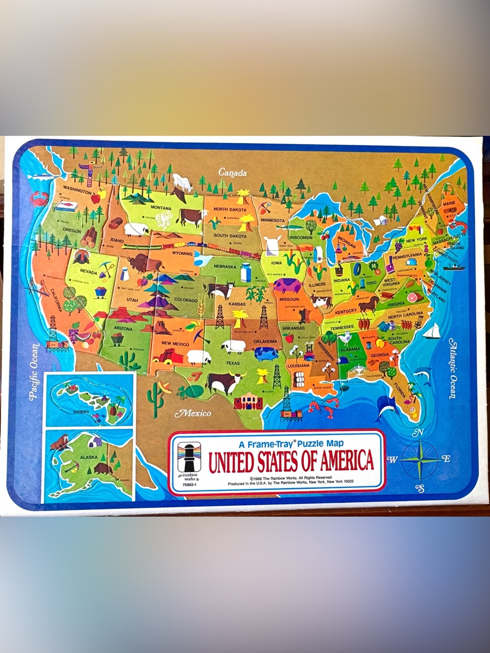 Vintage 1968 Frame-Tray puzzle map of the United States of America
